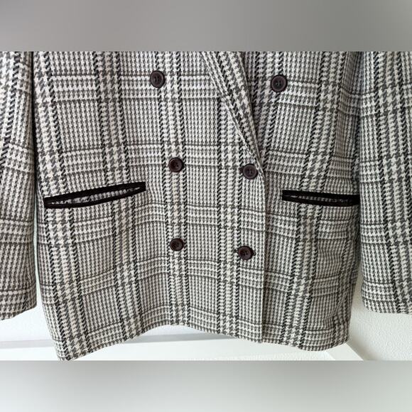 Vintage Choise Tweed Double Breasted Blazer Faux Suede Trim Wood Buttons Size 8 - Picture 4 of 13